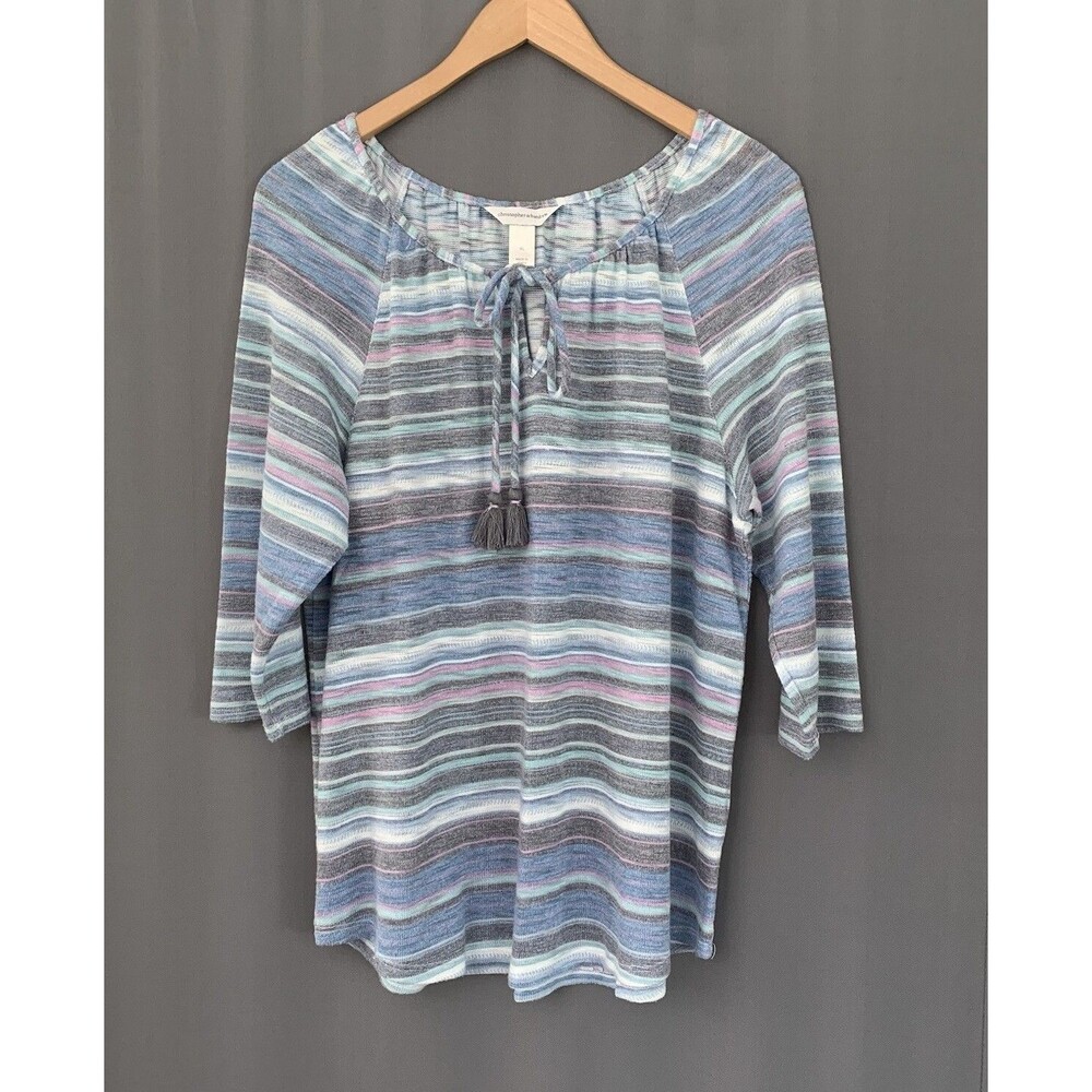 Christopher & Banks Knit 3/4 Sleeve Top Sz XL Gray Pastel Stripe Cottage Peasant